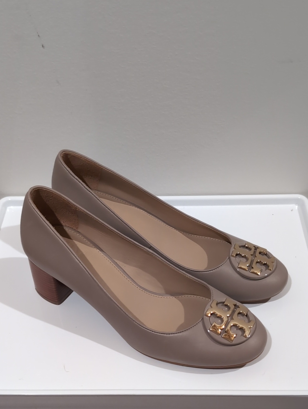 Tory Burch Taupe Block Heel Logo Pumps